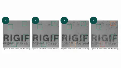 Illustration der Fähigkeit der Origify-Technologie, Produkte auch bei starker Abnutzung authentifizieren zu können. Die sequentielle Darstellung von Texturen mit unterschiedlichem Grad an Verschleiß (10% bis 40% wear & tear) verdeutlicht, dass die Echtheitsprüfung selbst unter herausfordernden Bedingungen zuverlässig funktioniert und somit Schutz vor Fälschungen gewährleistet ist.