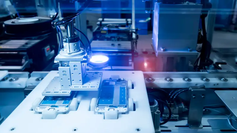 Industrial image depicting the role of automated processes and robotics in modern manufacturing facilities. Orange robotic arms are visible in a production line, which is used for precision, efficiency, and scalability in mass production, such as in the automotive industry or in the manufacturing of complex goods. This illustrates the ability to produce high-quality products that can later be protected by authentication technologies like Origify.