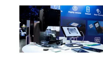 Ein schwarzes Hightech-Gerät, vermutlich ein Scanner oder eine Prüfstation, mit einer grünen Smartwatch auf der Auflagefläche, präsentiert auf einer runden, weißen Messe-Theke. Daneben steht ein Tablet, das eine Großaufnahme eines Zifferblatts anzeigt. Im Hintergrund ist eine blaue Messewand mit Icons und Texten wie "Highly secure", "Instant" und "User-friendly" zu sehen, die auf die Vorteile der Technologie hinweisen. Mehrere Smartphones liegen auf der Theke, teils mit der Origify-App. Das Setup demonstriert eine Lösung zur Produktverifizierung oder Qualitätskontrolle.