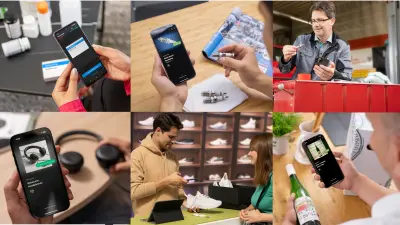 Collage of various everyday use cases for Origify's product authentication technology. The image features individuals using smartphones to verify the authenticity of items such as medication, spark plugs, headphones, sports shoes, and wine bottles. It demonstrates the versatility and easy integration of the Origify solution for combating counterfeits and ensuring product safety and origin across diverse industries.