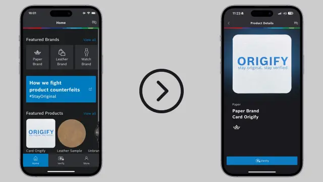 Origify card selection in the app