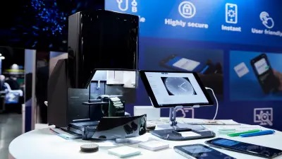 ORIGIFY desk device and verification system showcased at a trade show, featuring a tablet interface for digital identity authenticity analysis and precision components for product verification